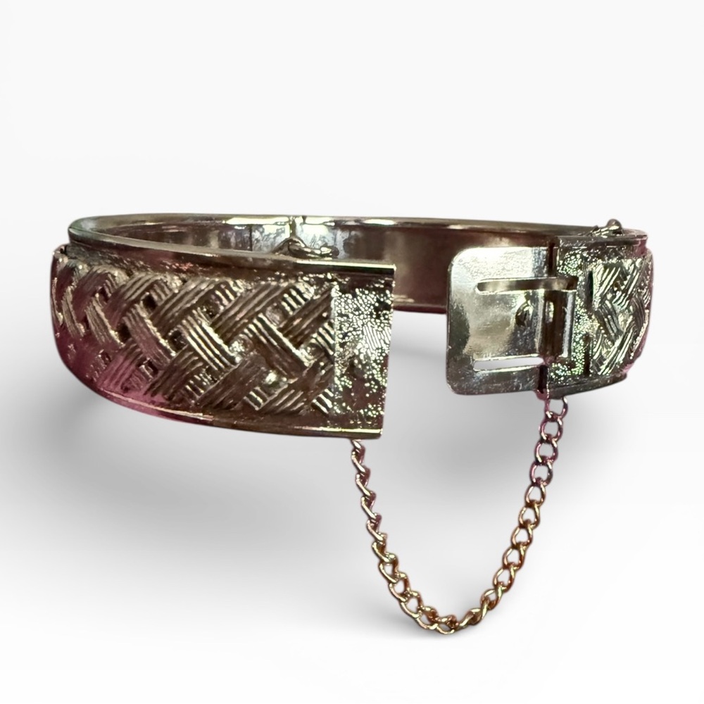 Vintage Silver Woven Bangle Hinged Bracelet w/ Safety Chain - Picture 6 of 9